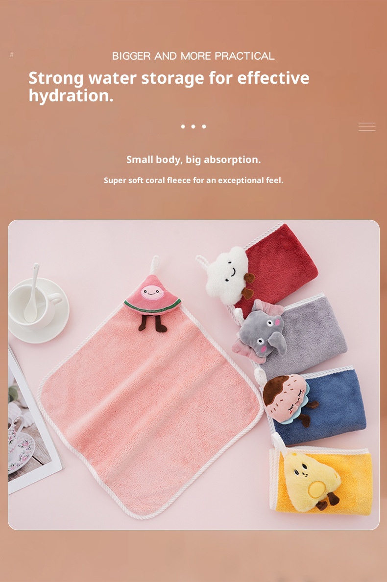 Lillian Coral Fleece Hangable Cartoon Plush Hand Cute Thickened Absorbent Non-Shedding Children's Square Towel Wholesale_voghion.com