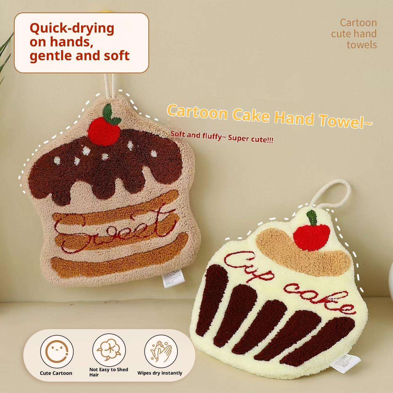 Lillian New Cartoon Cake Hanging Absorbent Thickened Quick-Dry Creative Dry Hand Towel For Children_voghion.com