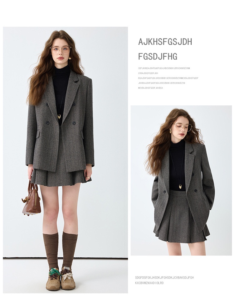 Grauer Blazer für Damen, Frühjahr/Herbst 2025 – Neues, lässiges und hochwertiges Business-Set in kleinen Größen mit Faltenrock_voghion.com