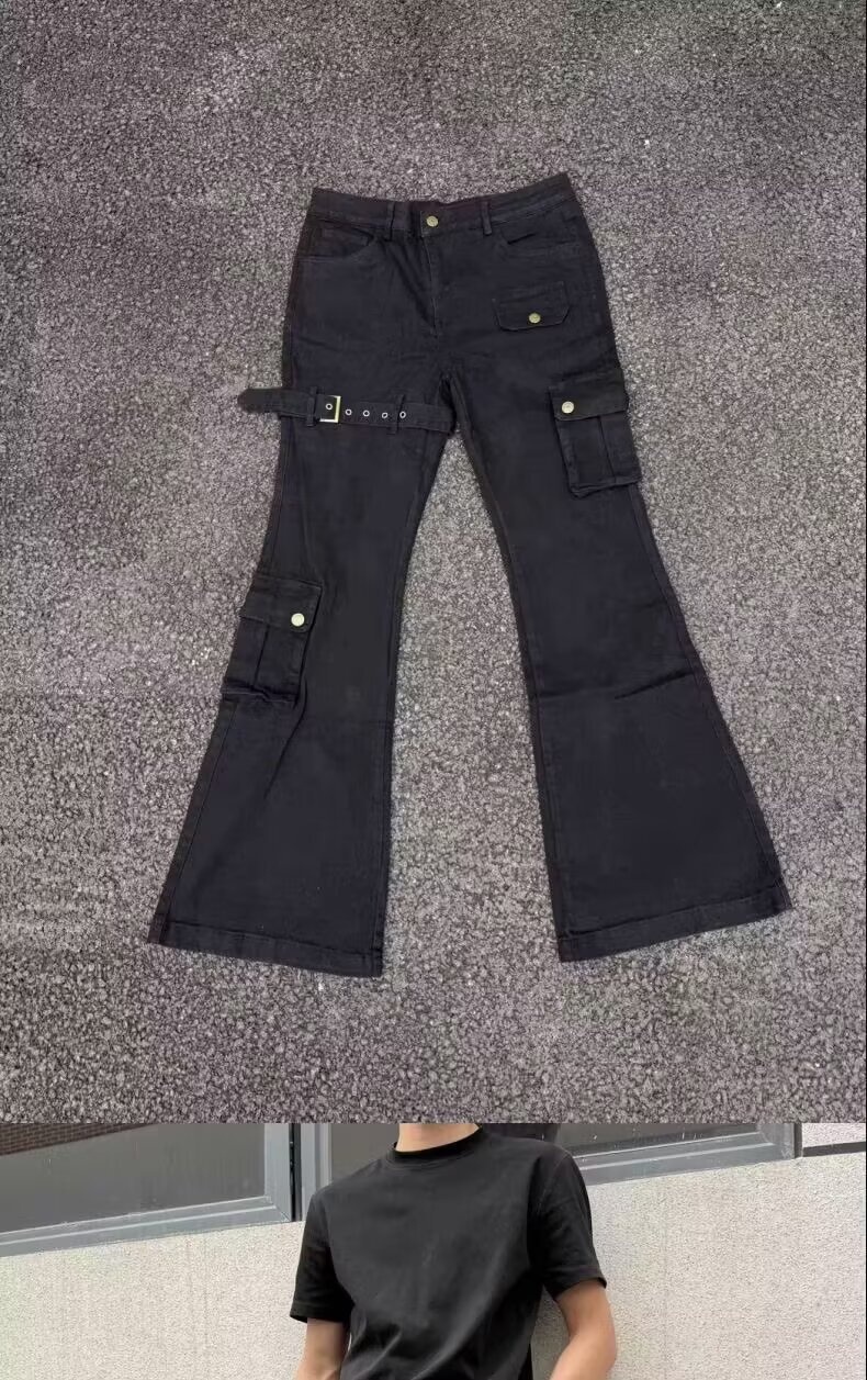 Jean cargo évasé à lacets noir pour homme, collection printemps-automne, style américain tendance, coupe slim et jambes pattes d'éléphant._voghion.com