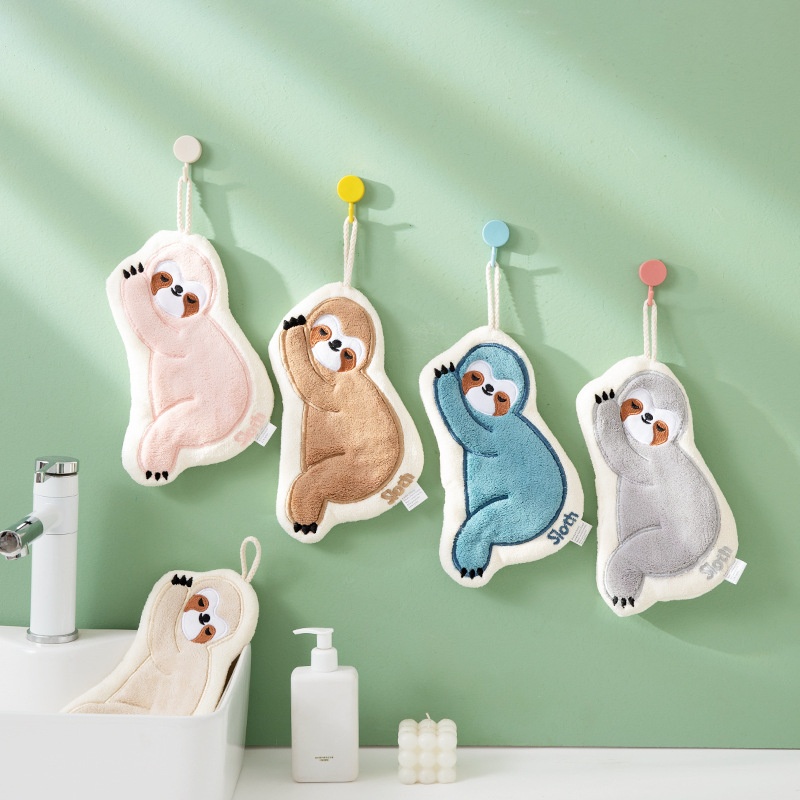 Serviette de cuisine absorbante en polaire corail brodée Lillian Sloth, mouchoir épais avec trou de suspension pour le séchage_voghion.com