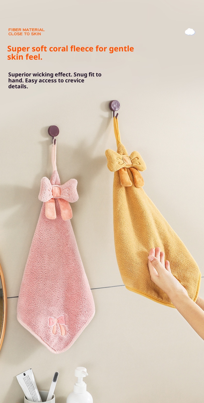 Lillian Asılı Fiyonklu Sevimli Karikatür Mercan Polar Kumaş Mutfak Banyo Emici El Havlusu_voghion.com