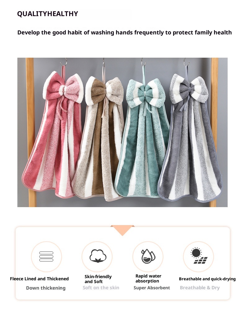 Lillian Coral Fleece Wide Ribbon Bow Kitchen Bathroom Hand Soft Absorbent Hanging Towel Cloth_voghion.com