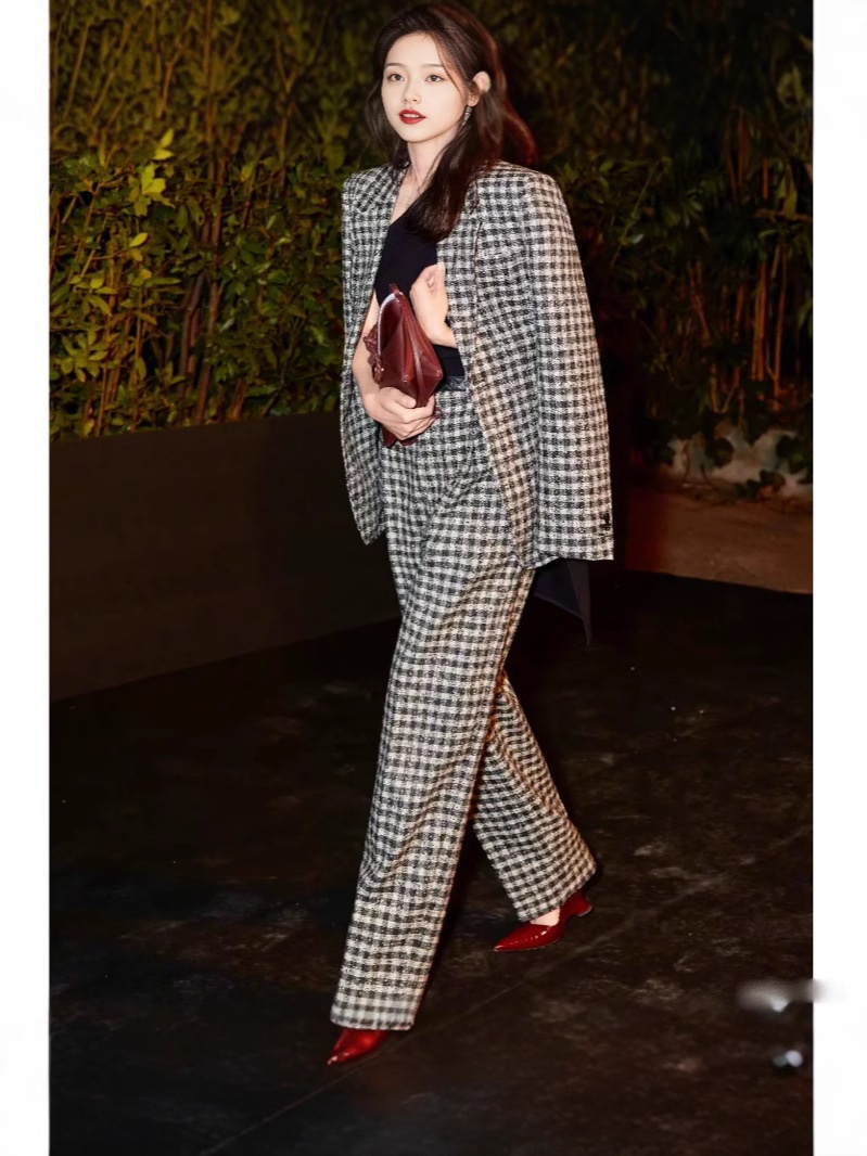 girl Girl Celebrity Style Retro Black And White Plaid Blazer Women's Autumn Fashion Suit Socialite Professional High-end Two-piece_voghion.com