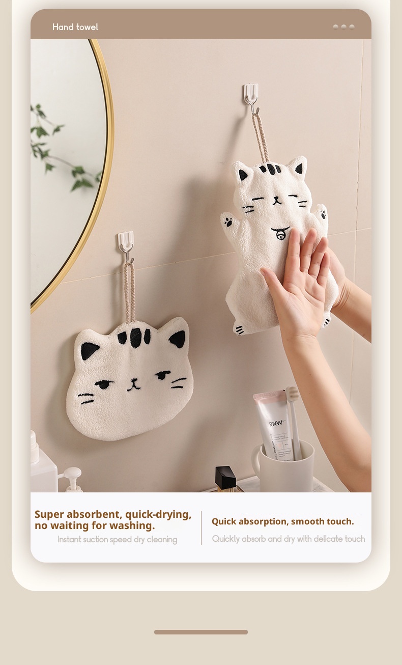 Lillian Absorbent Cute Cat Bathroom Kitchen Hanging Non-Shedding Coral Fleece Small Hand Towel_voghion.com