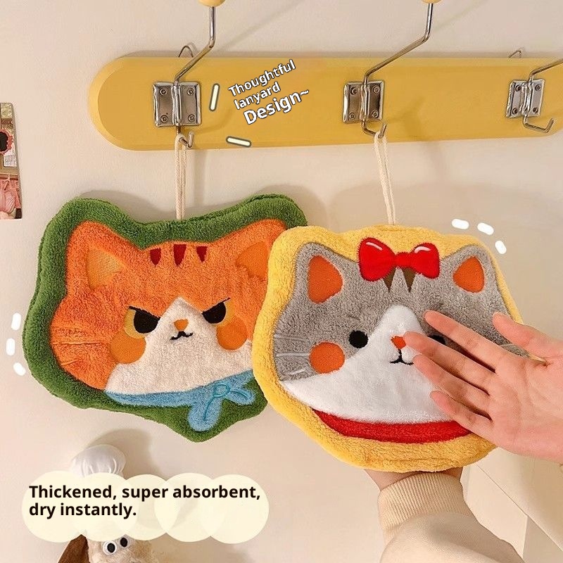 Lillian Cartoon Cute Cat Hanging Hand Household Kitchen Bathroom Thickened Coral Absorbent Cloth Towel_voghion.com