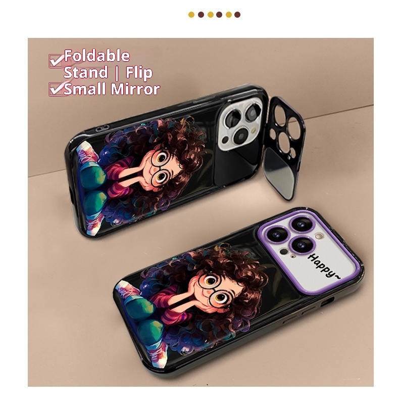 TechGlobe Compatible With 15 Pro Max Phone Case IPhone 14 Curly Hair Glasses Girl Pendant 13 Flip Cover Mirror Silicone_voghion.com