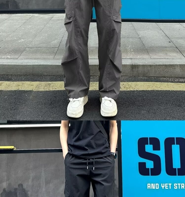 boy Light Gray Wrinkle Quick-Dry Men Summer Thin Paratrooper Cargo Pants American Style Straight-Leg Hiking Trousers_voghion.com