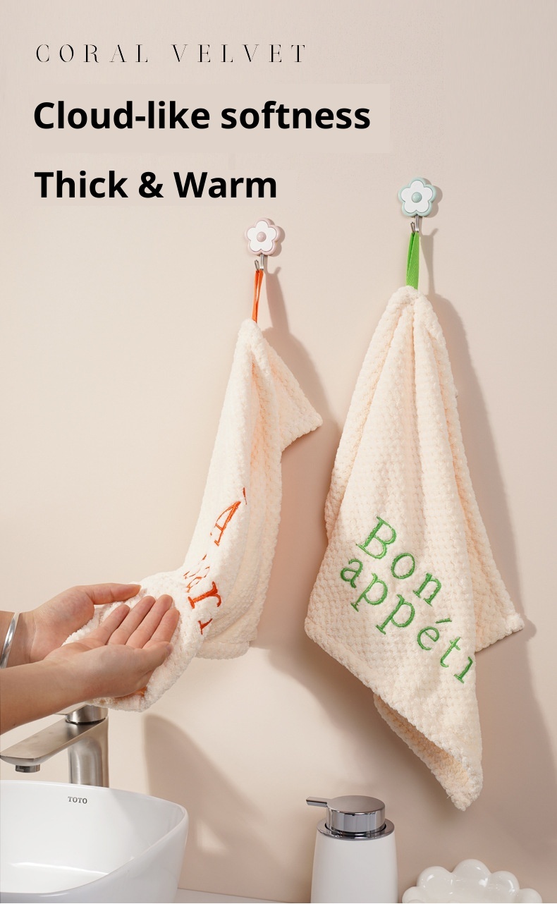 Lillian Nordic Simple Hanging Hand With Letter Embroidery Coral Fleece Absorbent Cloth For Small Children Towel_voghion.com