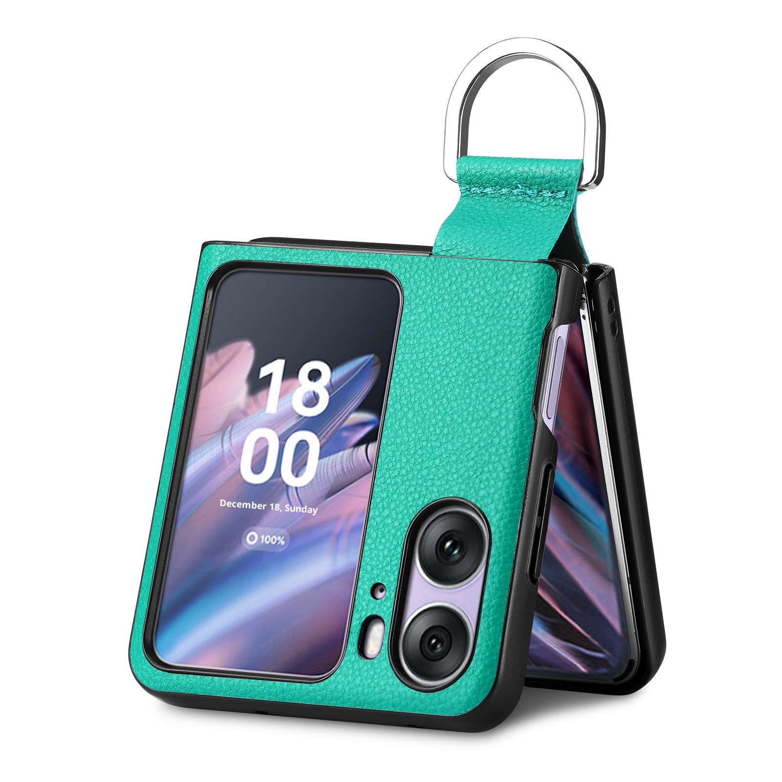 TechGlobe Compatibel met Oppo Find N3 Flip-telefoonhoesje Lychee-patroon Effen kleur Leren ringhouder Omhoog en omlaag vouwbaar scherm_voghion.com