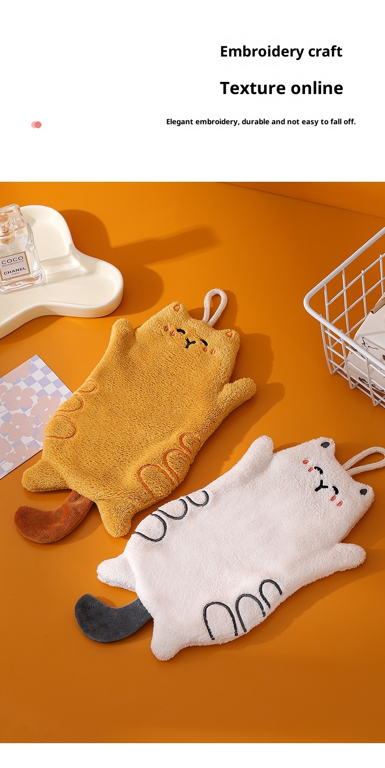 Lillian Niedliches Katzen-Korallenfleece-Handtuch, Geschenkidee, Küche, Hängend, Doppelverwendung, Saugfähig, Schnelltrocknend, Quadratisches Handtuch, Cross-Border_voghion.com