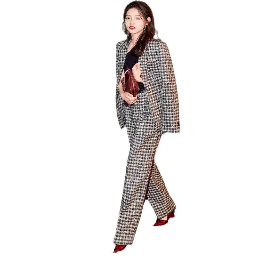girl Girl Celebrity Style Retro Black And White Plaid Blazer Women's Autumn Fashion Suit Socialite Professional High-end Two-piece_voghion.com