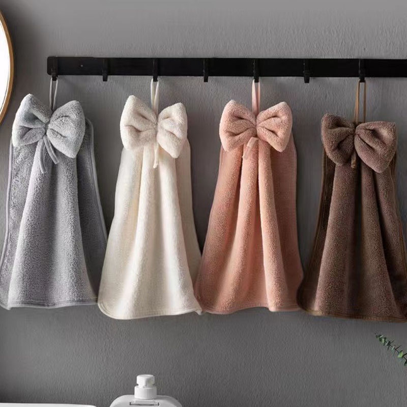 Lillian Cross-Border Bowknot Hand Coral Fleece Absorbent Bathroom Hanging Towel Strong Absorbency Quick-Dry_voghion.com