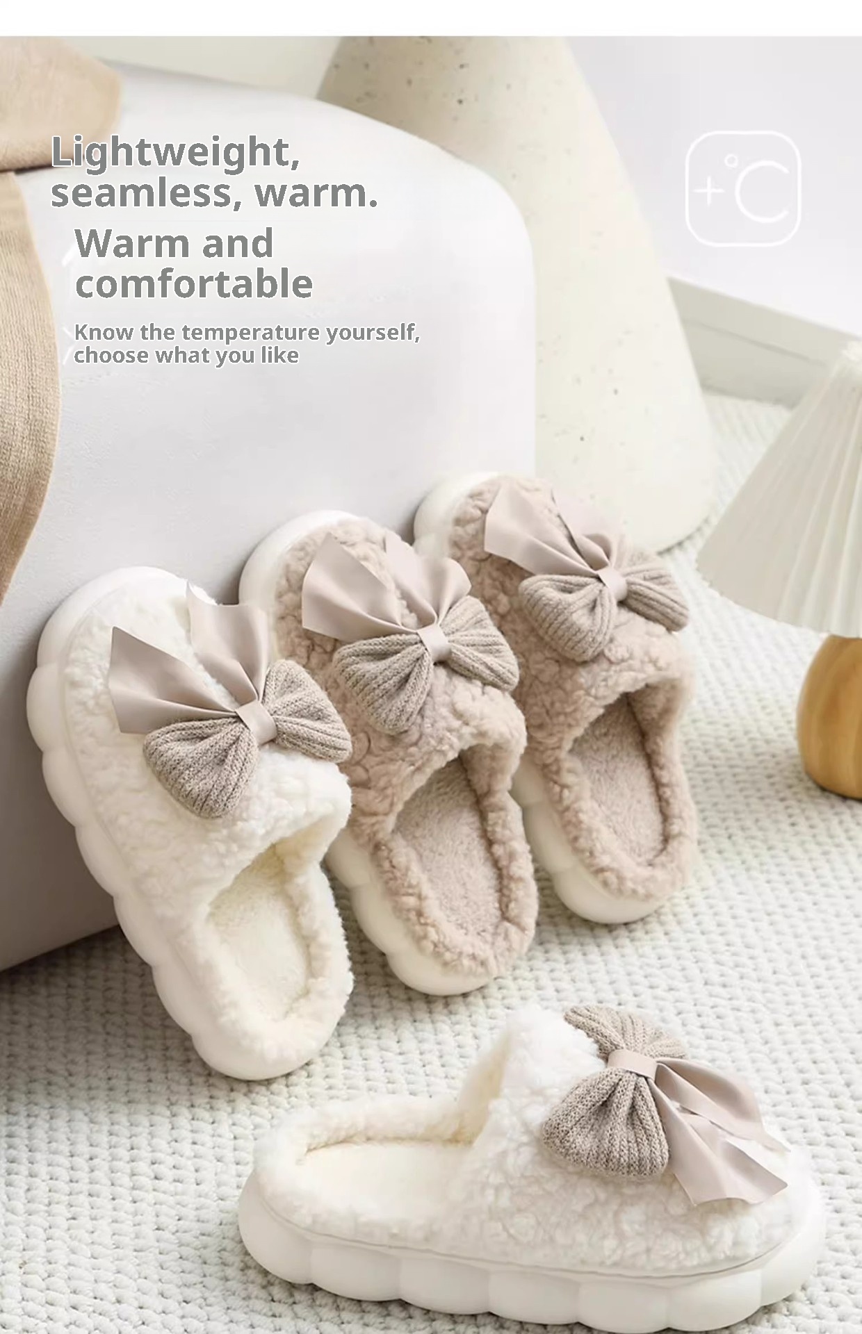 Zees Closed-Toe Cotton Autumn And Indoor Bowknot Warm Thick-Soled Home Furry Slippers For Women, Postpartum Winter_voghion.com