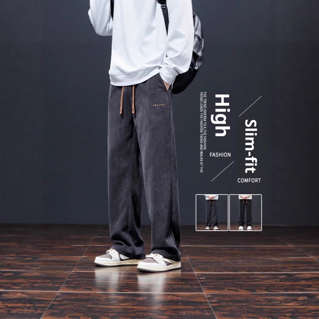 boy Men's Autumn Winter Thickened Fleece Casual 25 New Trendy Corduroy Loose Simple Versatile Straight-Leg Pants_voghion.com