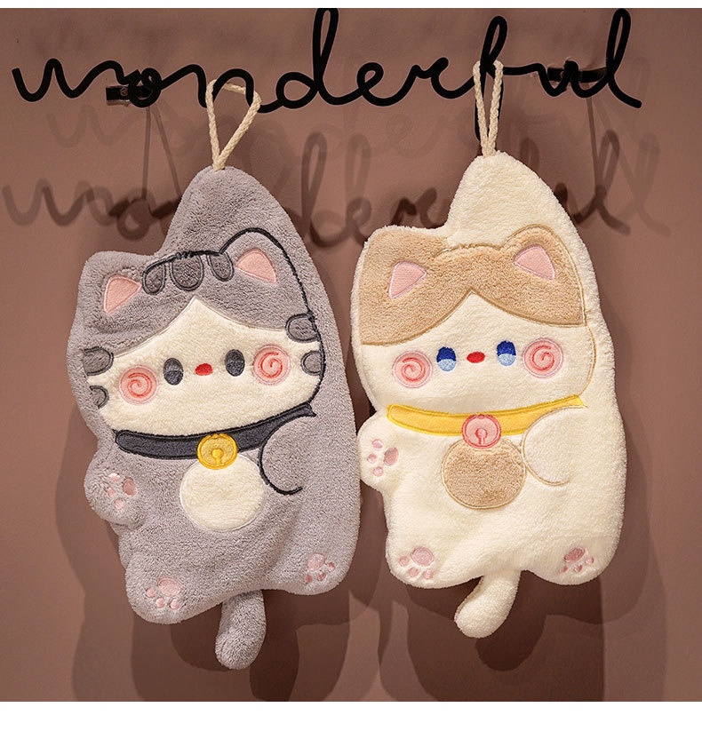 Lillian Cat Cute Hanging Coral Fleece Absorbent Small Kitchen Cloth Children's Hand Towel_voghion.com