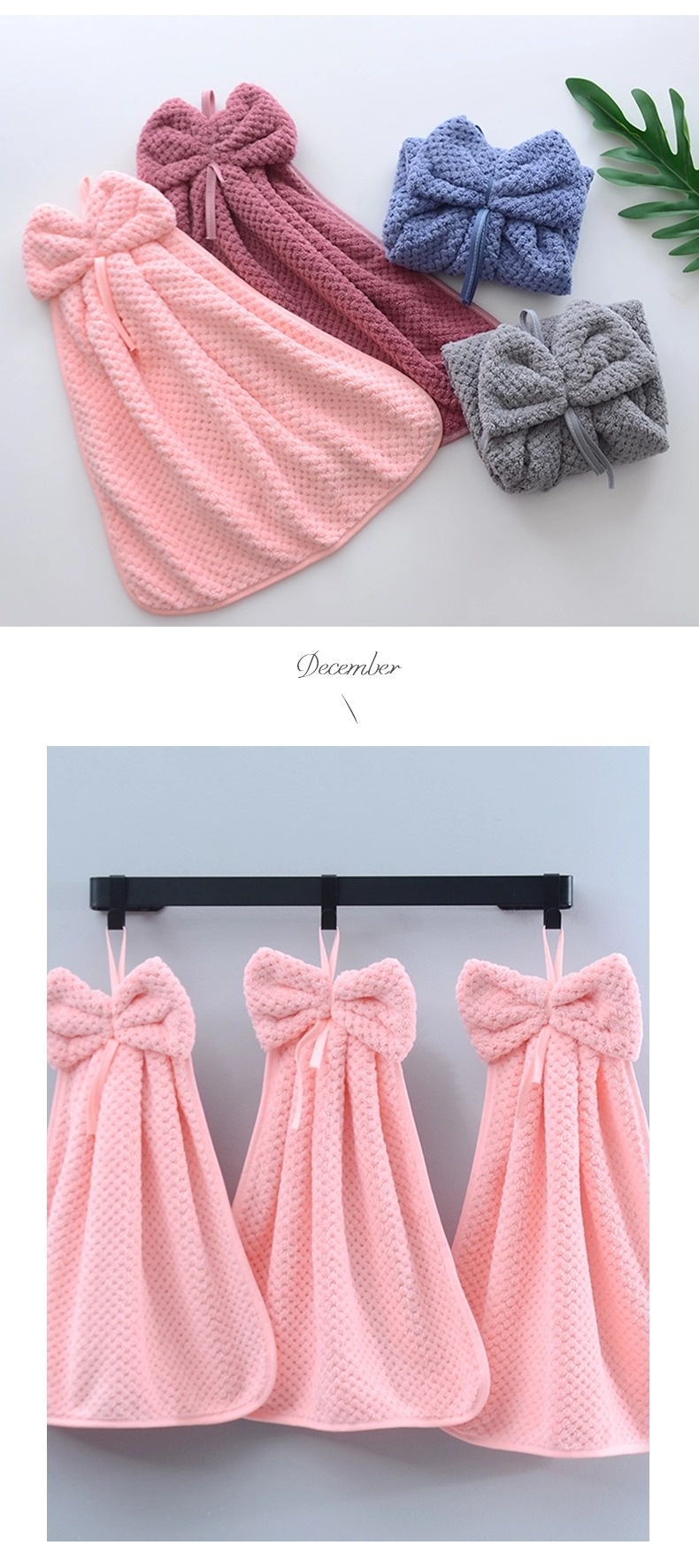 Lillian Pineapple Grid Coral Fleece Thickened Absorbent Hanging Bathroom Kitchen Hand Towel Non-Shedding Soft_voghion.com