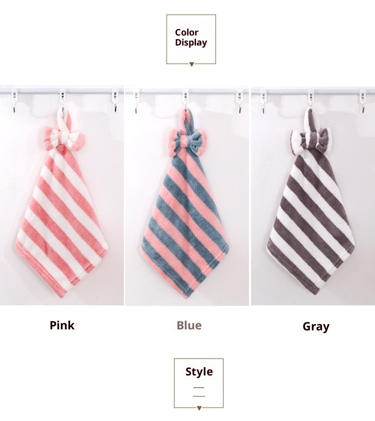 Il produttore Lillian vende asciugamani da appendere in pile di corallo con fiocco per cucina e bagno, morbidi e assorbenti._voghion.com