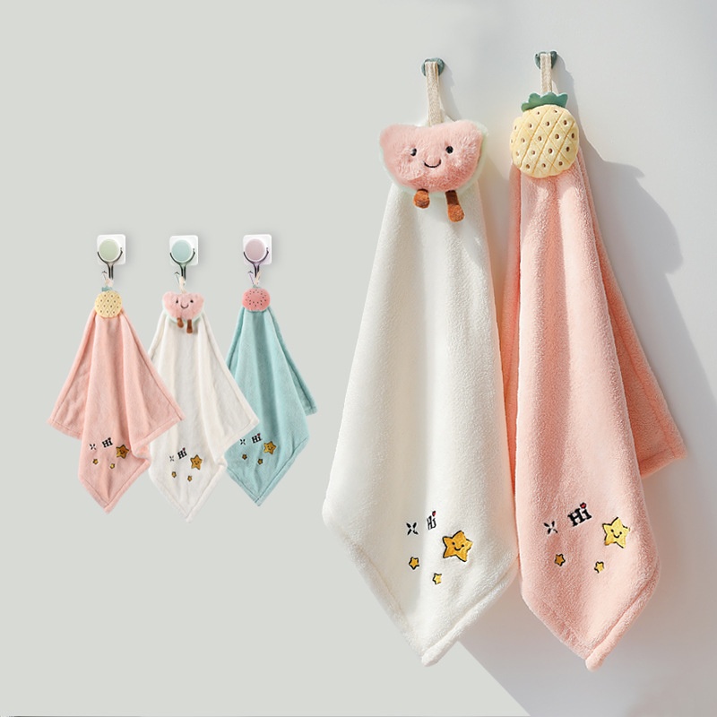 Lillian Thick Coral Fleece Plush Hanging Absorbent Cute Handkerchief Embroidered Hand Cloth Square Towel_voghion.com