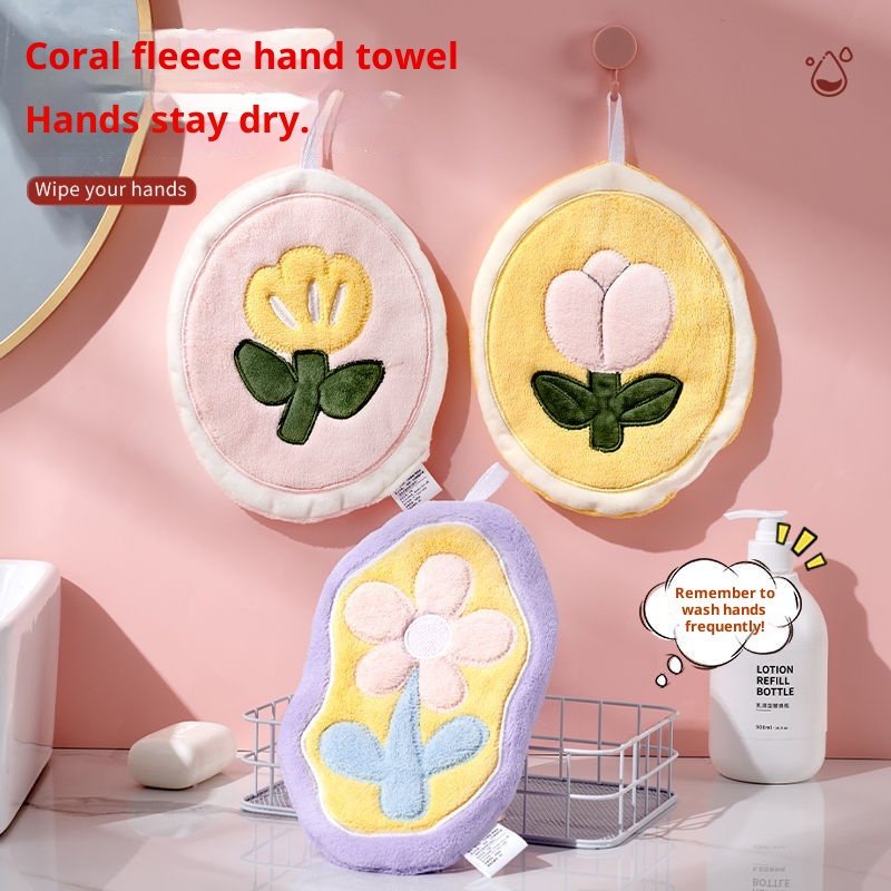 Lillian Floral Hand Tulip Daisy Cartoon Square Bathroom Kitchen Hanging Small Towel Super Absorbent_voghion.com