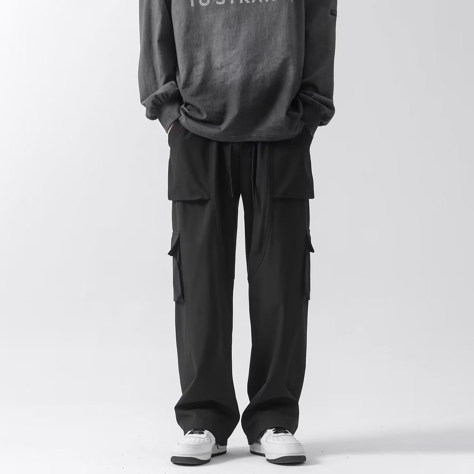 boy Black Cargo Casual 2023 Spring Autumn Versatile Stylish Wide-leg Sports Straight Pants For Men_voghion.com