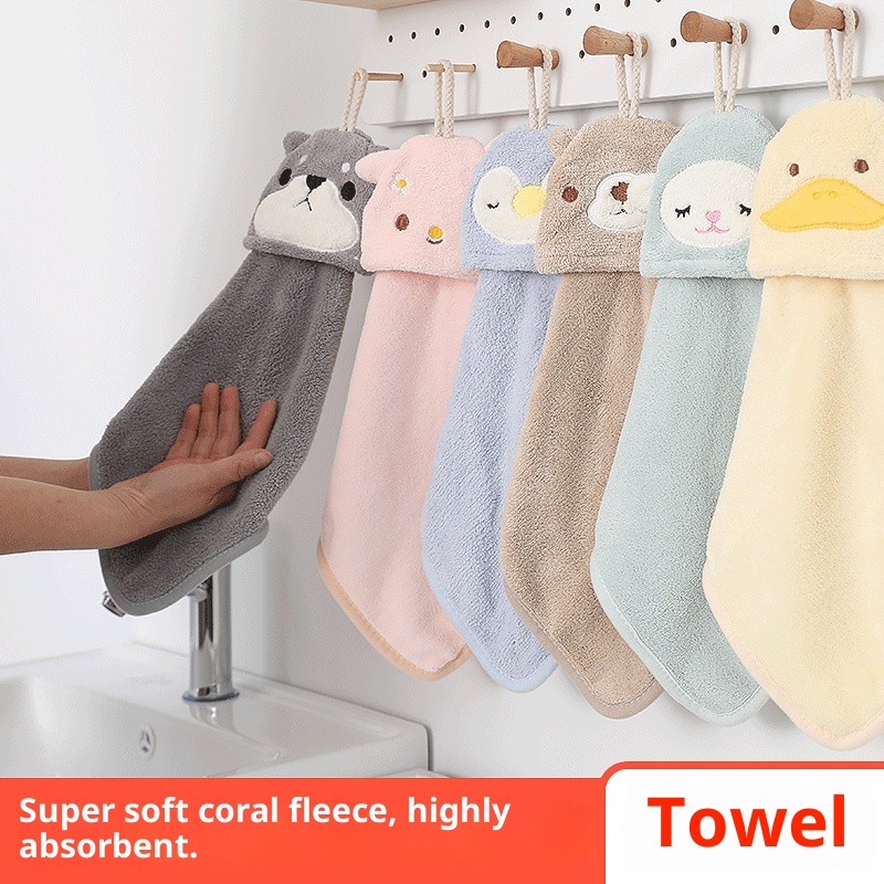Lillian Wholesale Cartoon Cute Children's Kitchen Bathroom Washing Absorbent Coral Fleece Hanging Hand Towel_voghion.com