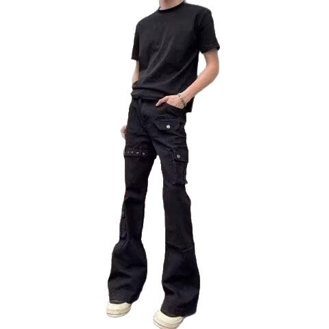 Jean cargo évasé à lacets noir pour homme, collection printemps-automne, style américain tendance, coupe slim et jambes pattes d'éléphant._voghion.com