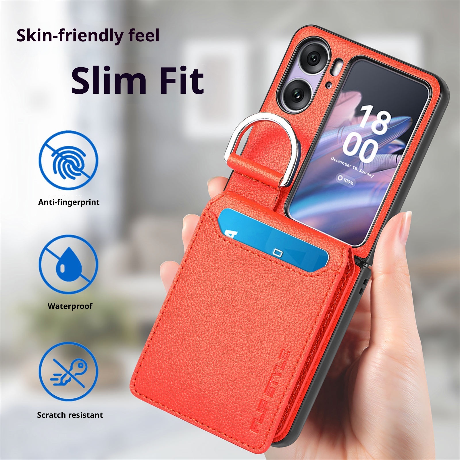 TechGlobe Compatible With OPPO Find N3 Lychee Pattern Flip Cover Holder Ring Phone Case Multi-Functional Card Slot Stand_voghion.com