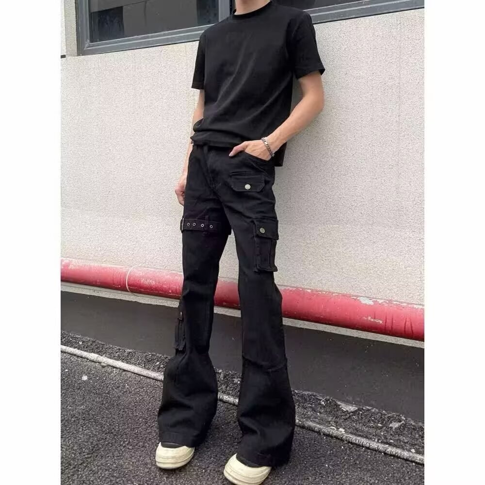 Jean cargo évasé à lacets noir pour homme, collection printemps-automne, style américain tendance, coupe slim et jambes pattes d'éléphant._voghion.com