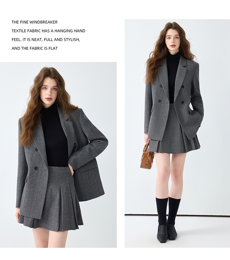 Grauer Blazer für Damen, Frühjahr/Herbst 2025 – Neues, lässiges und hochwertiges Business-Set in kleinen Größen mit Faltenrock_voghion.com