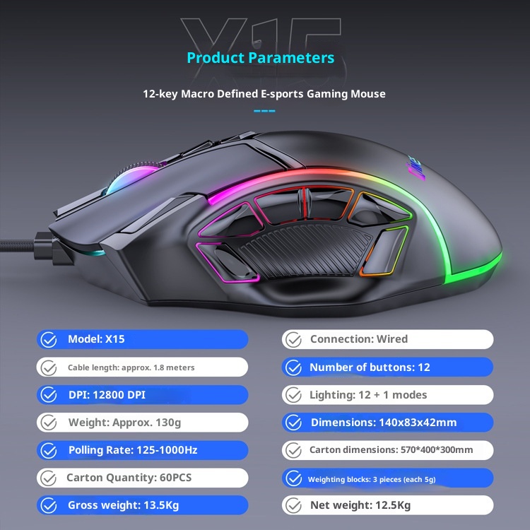 Techglobe Full-Speed 12800DPI 12-Button Macro Definition Wired RGB Gaming Mouse Wholesale Starting From One Piece Computer_voghion.com