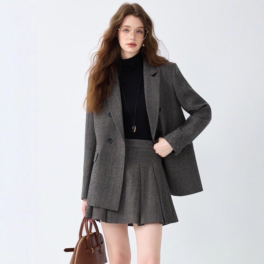 Grauer Blazer für Damen, Frühjahr/Herbst 2025 – Neues, lässiges und hochwertiges Business-Set in kleinen Größen mit Faltenrock_voghion.com