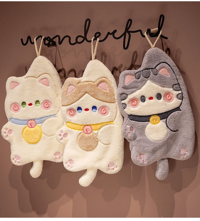 Lillian Cat Cute Hanging Coral Fleece Absorbent Small Kitchen Cloth Children's Hand Towel_voghion.com