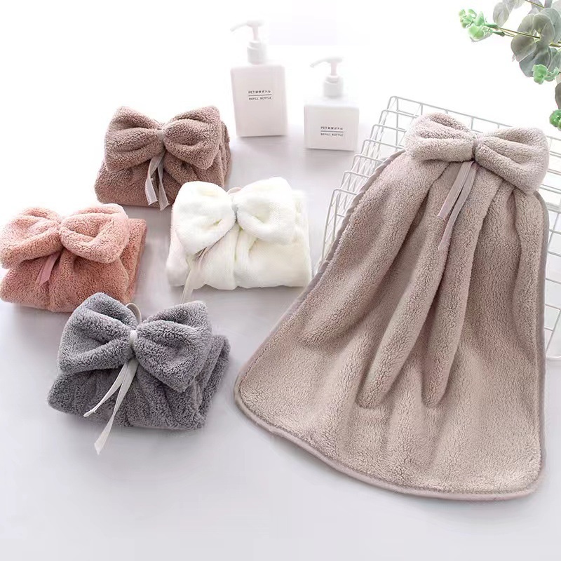 Lillian Cross-Border Bowknot Hand Coral Fleece Absorbent Bathroom Hanging Towel Strong Absorbency Quick-Dry_voghion.com