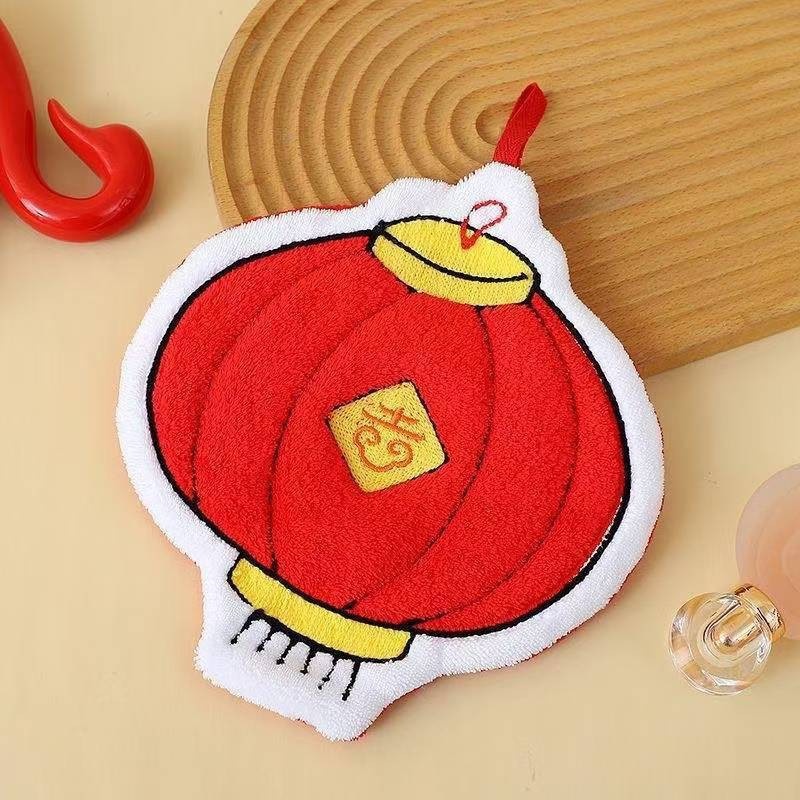 Lillian Spring Festival Drum Lantern Hand Cute Absorbent Coral Fleece Bathroom Kitchen Handkerchief Hanging Towel_voghion.com