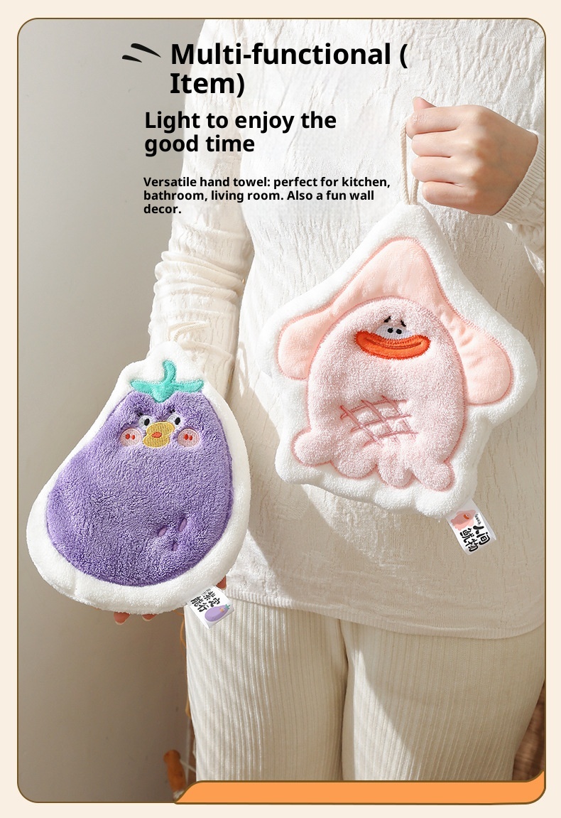 Lillian Cute Cartoon Hanging Three-Layer Thickened Coral Fleece Kitchen Bathroom Quick-Dry Hand Towel Handkerchief_voghion.com