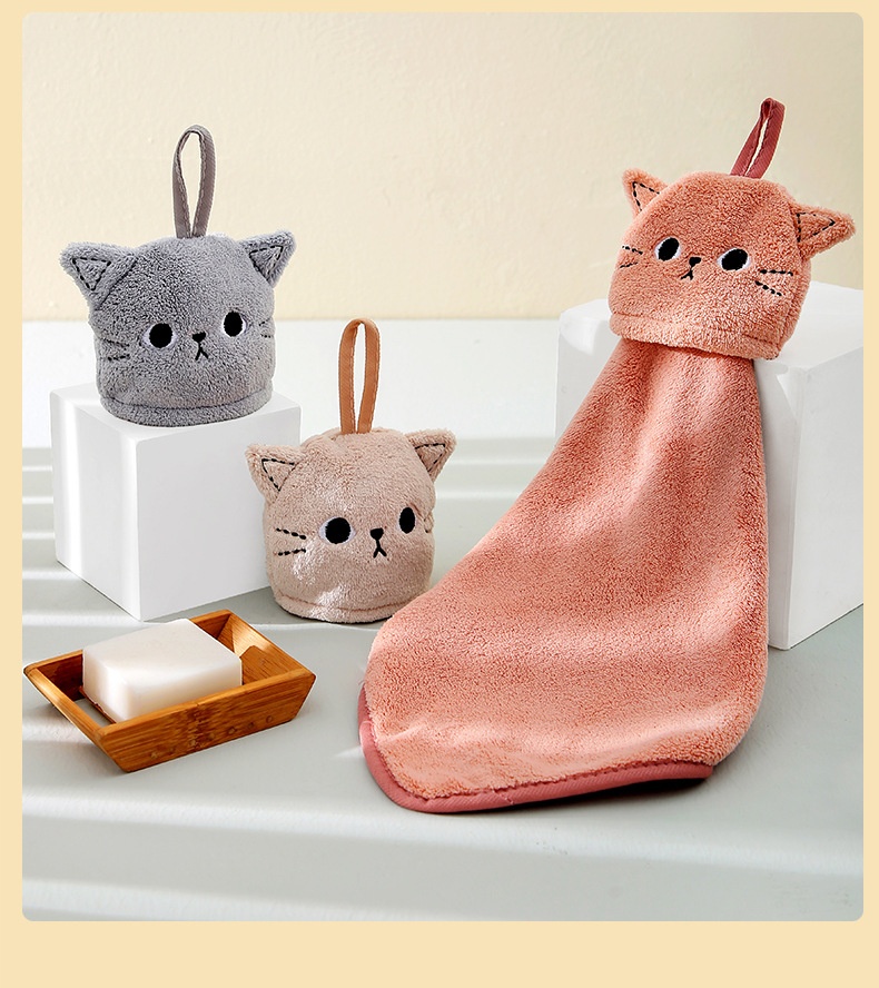 Lillian Korallenvlies Niedliches Katzen-Stickerei Hand Hängendes Saugfähiges Küchen-Badezimmer-Doppelverwendungs-Quadrathandtuch Großhandel_voghion.com