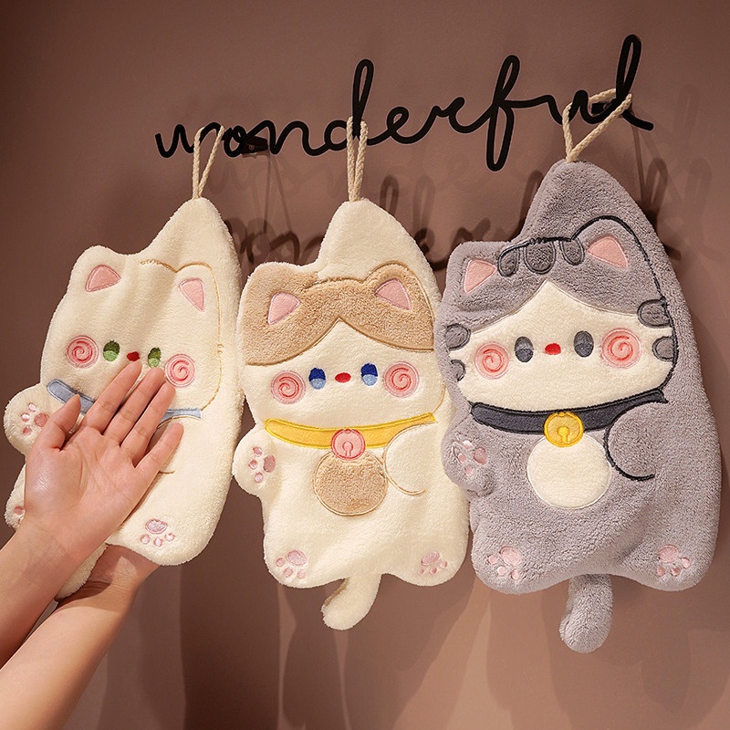 Lillian Cat Cute Hanging Coral Fleece Absorbent Small Kitchen Cloth Children's Hand Towel_voghion.com