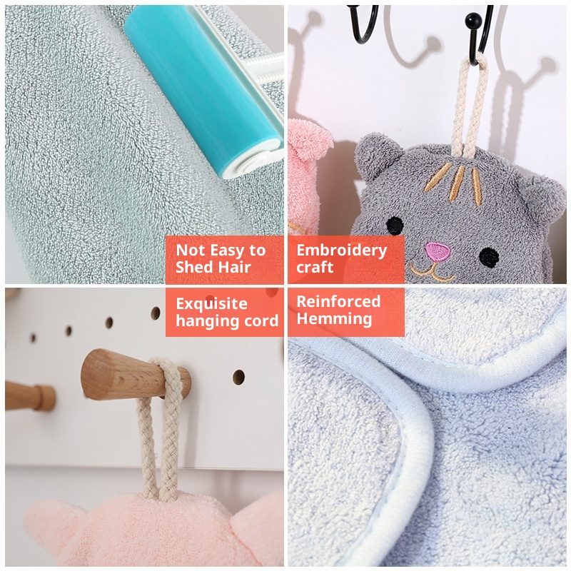 Lillian Wholesale Cartoon Cute Children's Kitchen Bathroom Washing Absorbent Coral Fleece Hanging Hand Towel_voghion.com