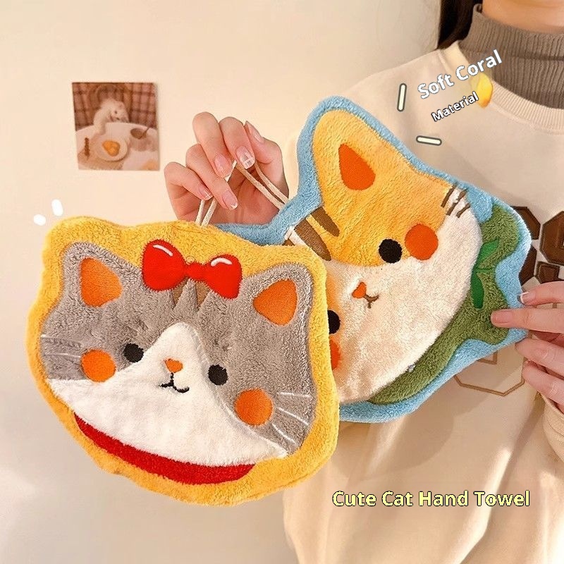 Lillian Cartoon Cute Cat Hanging Hand Household Kitchen Bathroom Thickened Coral Absorbent Cloth Towel_voghion.com