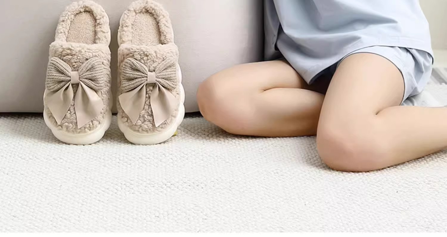 Zees Closed-Toe Cotton Autumn And Indoor Bowknot Warm Thick-Soled Home Furry Slippers For Women, Postpartum Winter_voghion.com