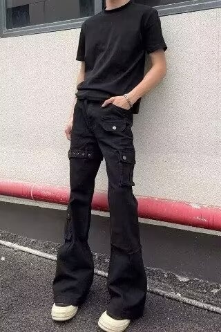 Jean cargo évasé à lacets noir pour homme, collection printemps-automne, style américain tendance, coupe slim et jambes pattes d'éléphant._voghion.com