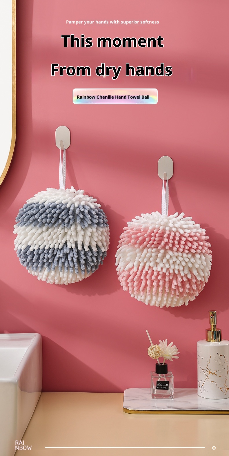 Lillian Rainbow Chenille Ball Hanging Home Kitchen Bathroom Creative Absorbent Cute Soft Hand Towel_voghion.com