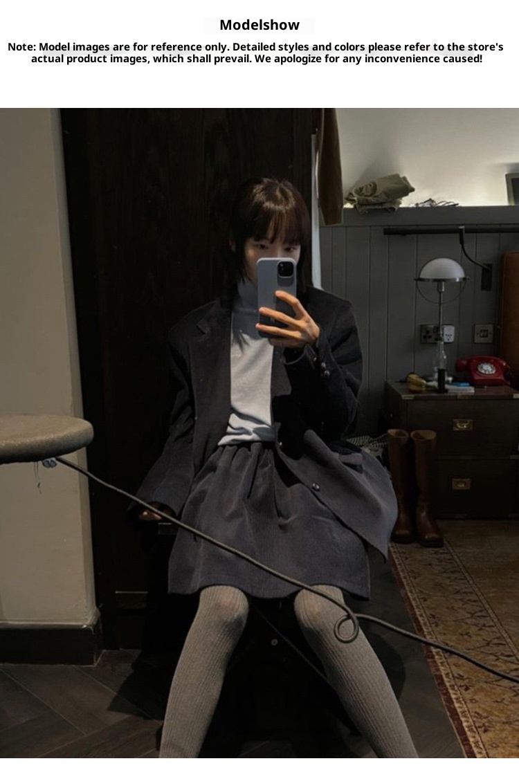 ragazza Ragazza Coreana SMO*THMO*D Retro Velluto a coste Blu Navy Blazer Elastico in Vita Gonna Set per Donna Primavera e Autunno_voghion.com