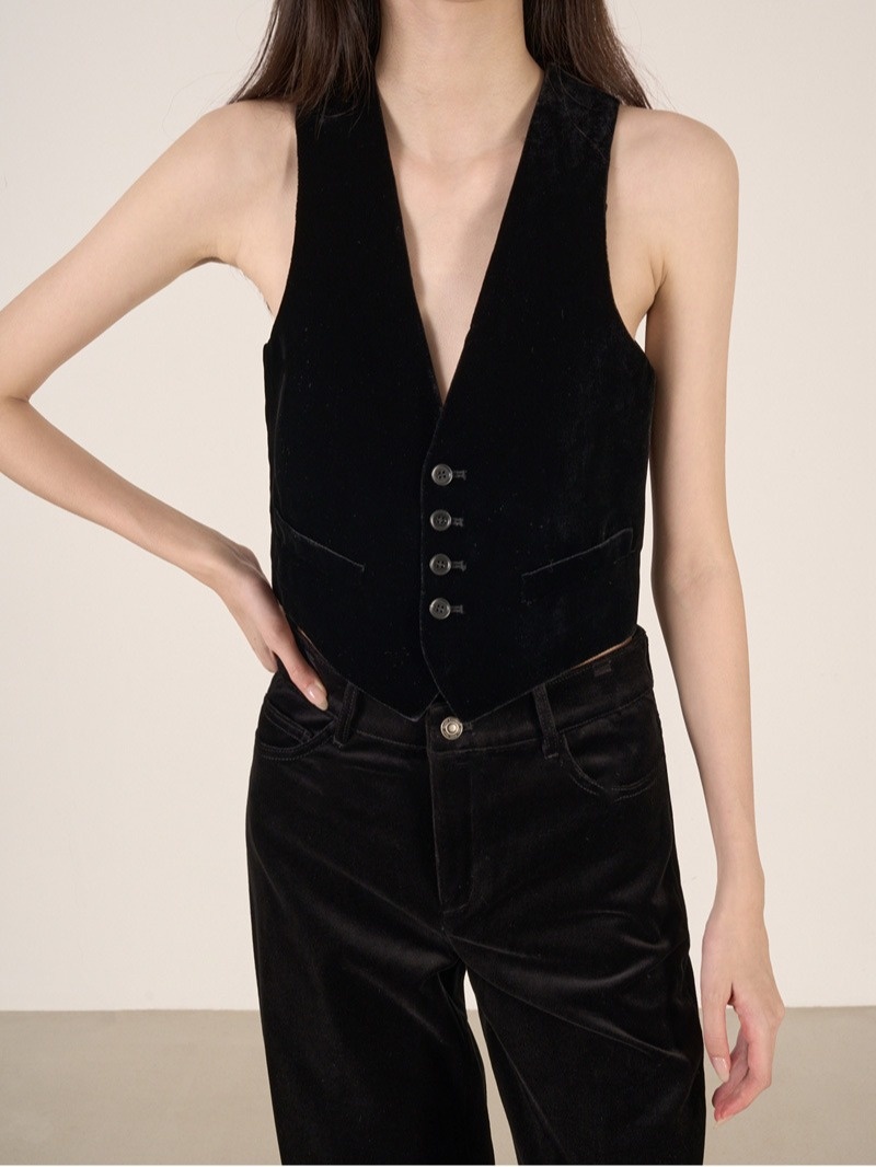 girl Girl YIMENG Light High-End Feel Black Velvet Peak Lapel Women's Blazer Waist-Cinching Vest Straight-Leg Pants Suit_voghion.com