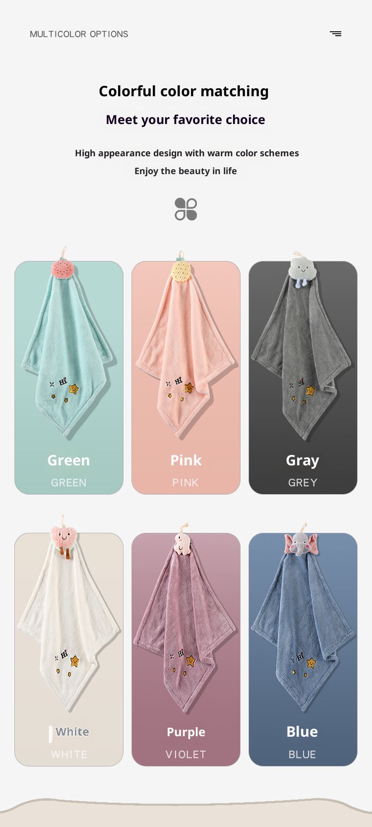 Lillian Thick Coral Fleece Plush Hanging Absorbent Cute Handkerchief Embroidered Hand Cloth Square Towel_voghion.com