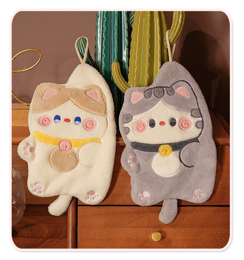 Lillian Cat Cute Hanging Coral Fleece Absorbent Small Kitchen Cloth Children's Hand Towel_voghion.com