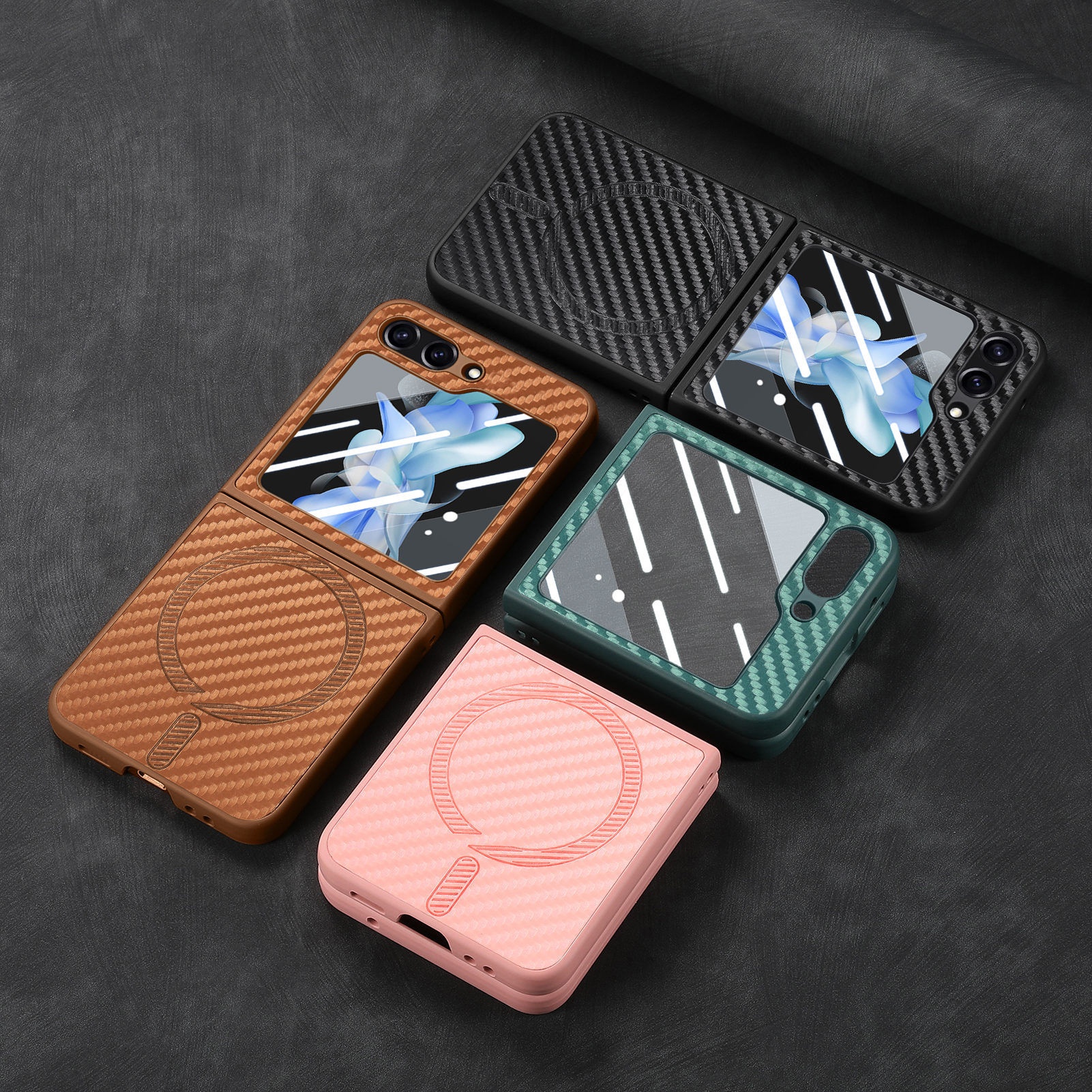 TechGlobe compatibile con Samsung ZFlip6 con motivo in fibra di carbonio, pellicola di ricarica wireless magnetica per telefono integrata, custodia ZFlip5 in scatola_voghion.com