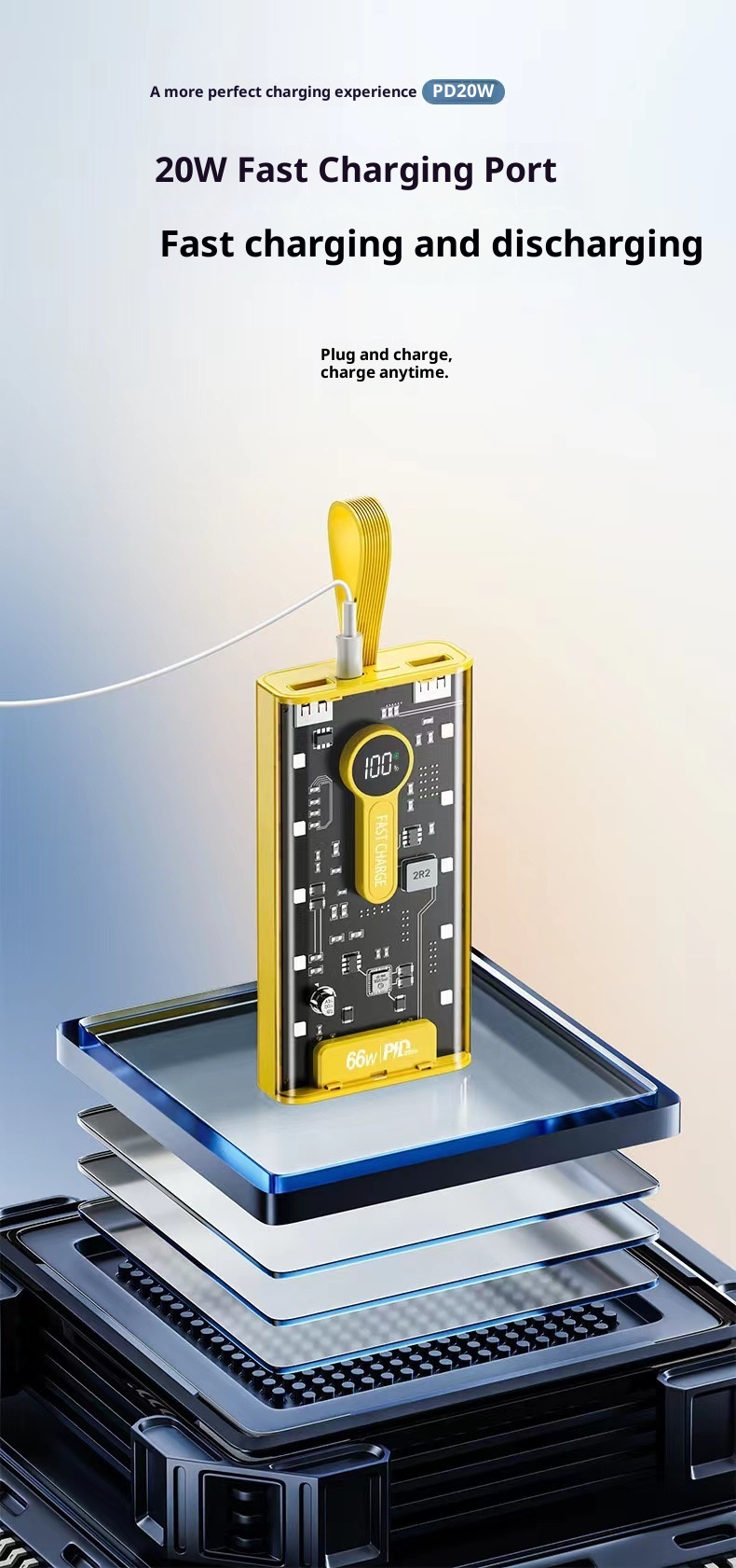 techglobe Cross-border Fast Charging 66W Transparent 20000mAh Bank Punk Style With Built-in Night Light Digital Display Portable_voghion.com