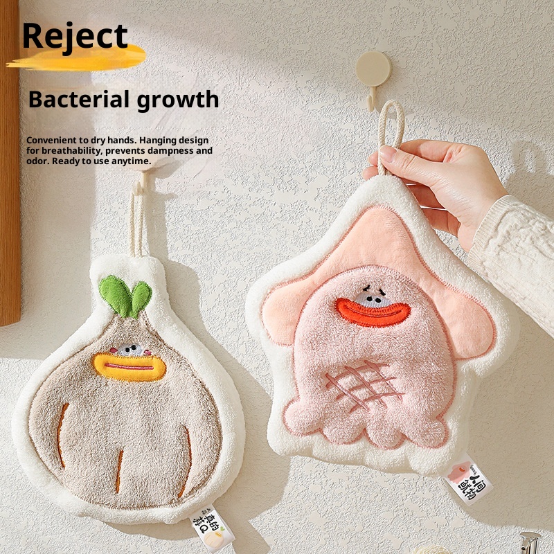Lillian Cute Cartoon Hanging Three-Layer Thickened Coral Fleece Kitchen Bathroom Quick-Dry Hand Towel Handkerchief_voghion.com